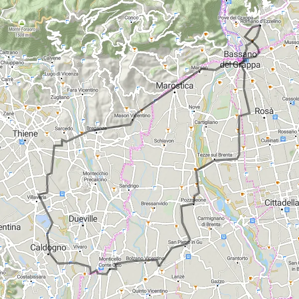 Map miniature of "Romano d'Ezzelino to Bassano del Grappa Loop" cycling inspiration in Veneto, Italy. Generated by Tarmacs.app cycling route planner