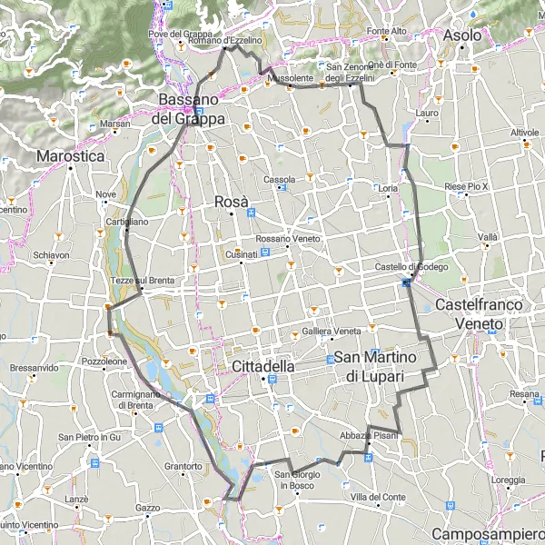 Miniatura della mappa di ispirazione al ciclismo "Tour ciclistico di 76 km tra Romano d'Ezzelino e Bassano del Grappa" nella regione di Veneto, Italy. Generata da Tarmacs.app, pianificatore di rotte ciclistiche