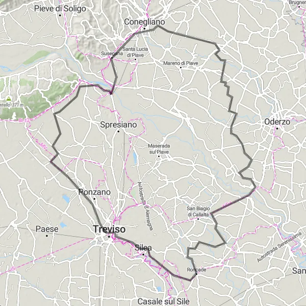 Miniatura della mappa di ispirazione al ciclismo "Cicloturismo tra Treviso e Conegliano" nella regione di Veneto, Italy. Generata da Tarmacs.app, pianificatore di rotte ciclistiche