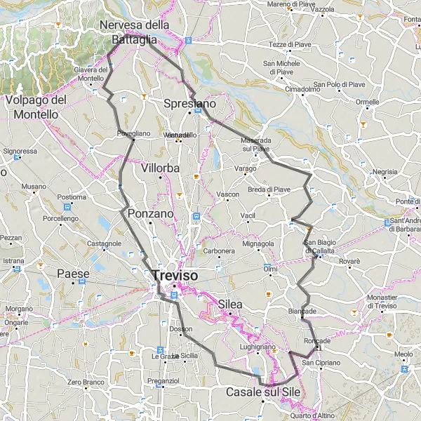 Miniatua del mapa de inspiración ciclista "Ruta de 77 km en carretera desde Roncade" en Veneto, Italy. Generado por Tarmacs.app planificador de rutas ciclistas