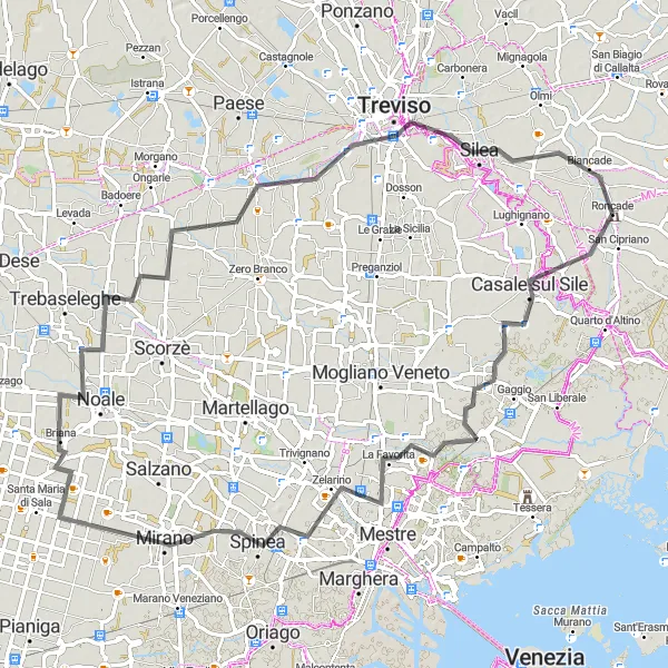 Map miniature of "Roncade to Casale sul Sile Loop" cycling inspiration in Veneto, Italy. Generated by Tarmacs.app cycling route planner