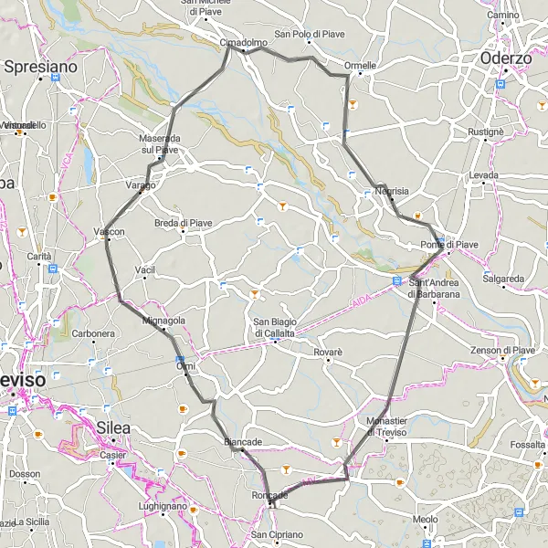 Map miniature of "Roncade to Monastier di Treviso Loop" cycling inspiration in Veneto, Italy. Generated by Tarmacs.app cycling route planner