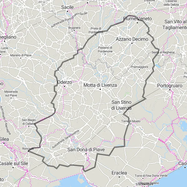 Map miniature of "Roncade to Fiume Veneto Loop" cycling inspiration in Veneto, Italy. Generated by Tarmacs.app cycling route planner