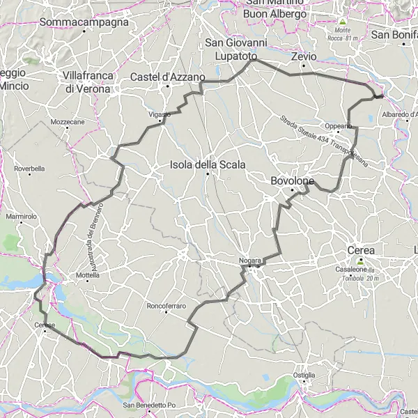 Map miniature of "Ronco All'Adige - Palazzo Te Loop" cycling inspiration in Veneto, Italy. Generated by Tarmacs.app cycling route planner