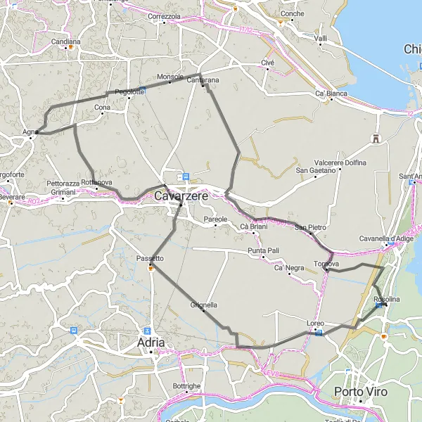 Miniatuurkaart van de fietsinspiratie "Wegfietsen rond Rosolina" in Veneto, Italy. Gemaakt door de Tarmacs.app fietsrouteplanner