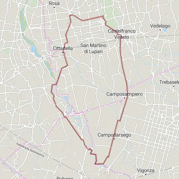 Miniaturní mapa "Gravelová trasa Castelfranco Veneto" inspirace pro cyklisty v oblasti Veneto, Italy. Vytvořeno pomocí plánovače tras Tarmacs.app