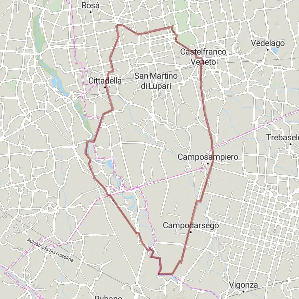 Miniatura della mappa di ispirazione al ciclismo "Percorso in bicicletta gravel da Rossano Veneto a Cittadella" nella regione di Veneto, Italy. Generata da Tarmacs.app, pianificatore di rotte ciclistiche