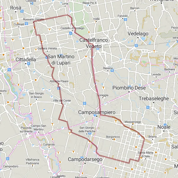 Zemljevid v pomanjšavi "Gozdna pot skozi Rossano Veneto" kolesarske inspiracije v Veneto, Italy. Generirano z načrtovalcem kolesarskih poti Tarmacs.app