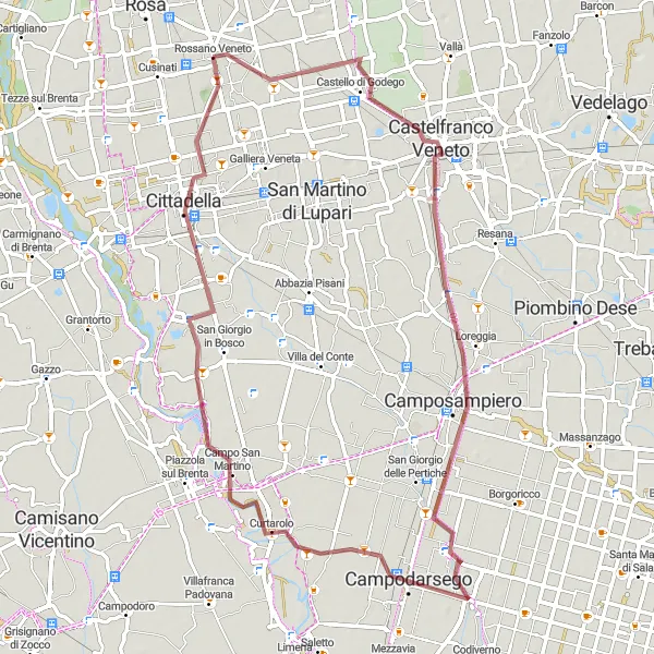 Kartminiatyr av "Oppdagende tur til Castello di Godego og Cittadella" sykkelinspirasjon i Veneto, Italy. Generert av Tarmacs.app sykkelrutoplanlegger
