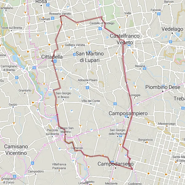 Miniatura della mappa di ispirazione al ciclismo "Giro in bicicletta attraverso le colline della provincia di Padova" nella regione di Veneto, Italy. Generata da Tarmacs.app, pianificatore di rotte ciclistiche