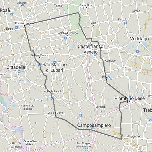 Miniatura della mappa di ispirazione al ciclismo "Tour in bicicletta lungo le vie della provincia di Treviso" nella regione di Veneto, Italy. Generata da Tarmacs.app, pianificatore di rotte ciclistiche