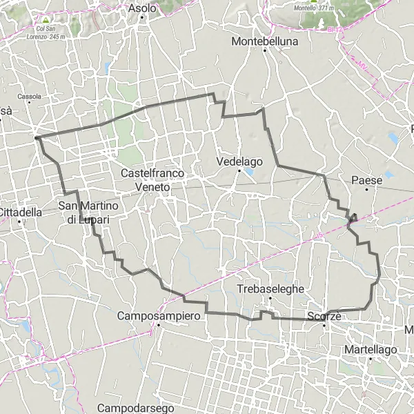 Miniatua del mapa de inspiración ciclista "Ruta de ciclismo de carretera por Riese Pio X y Zero Branco" en Veneto, Italy. Generado por Tarmacs.app planificador de rutas ciclistas