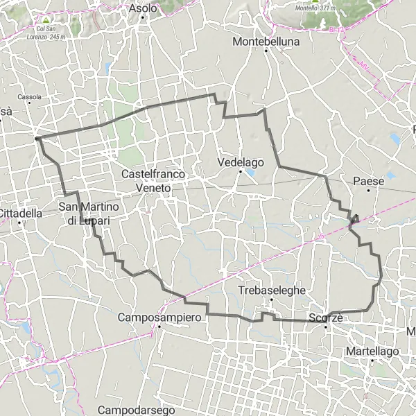 Miniatura della mappa di ispirazione al ciclismo "Giro in bicicletta da Riese Pio X a Galliera Veneta" nella regione di Veneto, Italy. Generata da Tarmacs.app, pianificatore di rotte ciclistiche