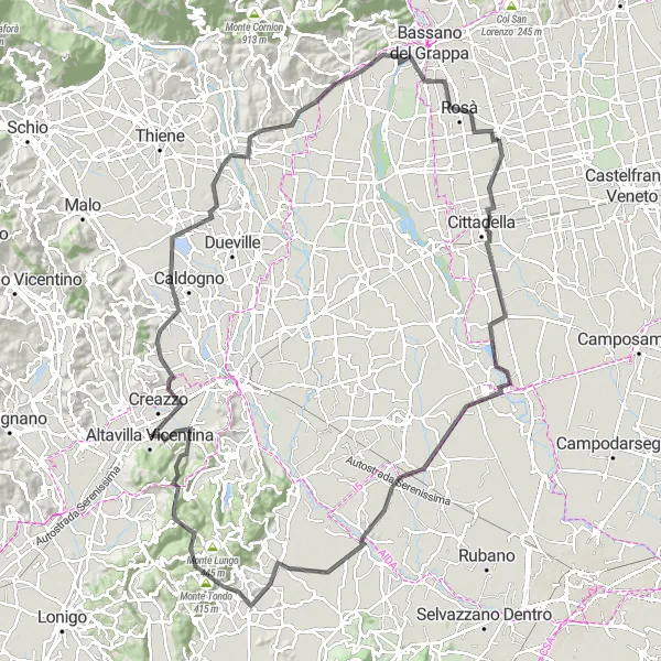 Miniatua del mapa de inspiración ciclista "Ruta de Ciclismo de Carretera Rossano Veneto - Monte Cucco" en Veneto, Italy. Generado por Tarmacs.app planificador de rutas ciclistas