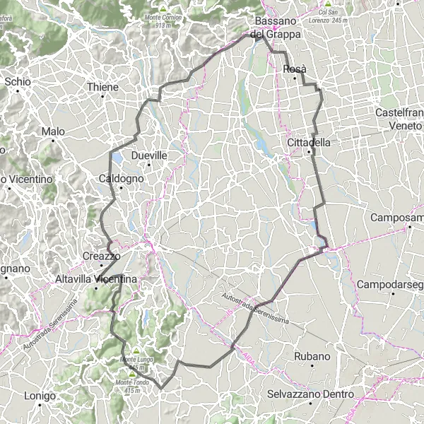 Miniatuurkaart van de fietsinspiratie "Wegroute van Rossano Veneto naar Ca' Minotto" in Veneto, Italy. Gemaakt door de Tarmacs.app fietsrouteplanner