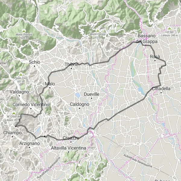 Miniatua del mapa de inspiración ciclista "Ruta de Carretera por Monte della Pena" en Veneto, Italy. Generado por Tarmacs.app planificador de rutas ciclistas