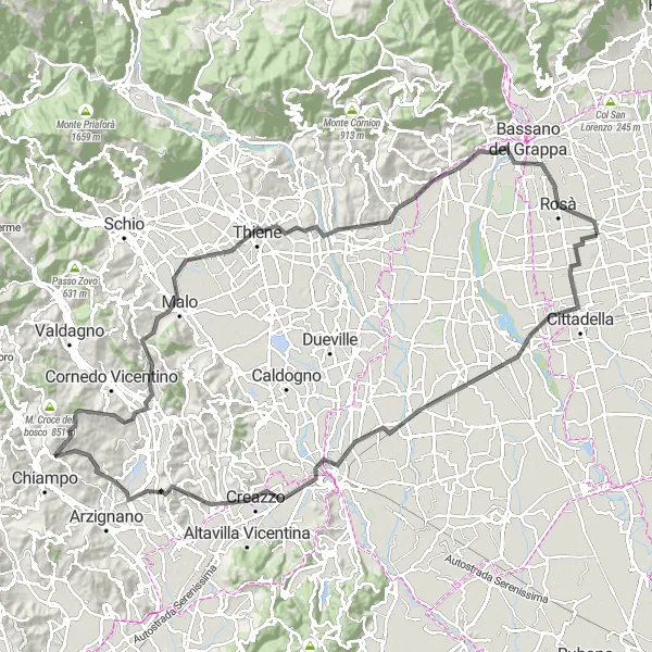 Mapa miniatúra "Okruh cez Vicenzu a Monte della Pena" cyklistická inšpirácia v Veneto, Italy. Vygenerované cyklistickým plánovačom trás Tarmacs.app