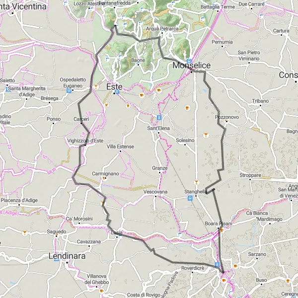 Map miniature of "Sant'Urbano to La Rocca Loop" cycling inspiration in Veneto, Italy. Generated by Tarmacs.app cycling route planner