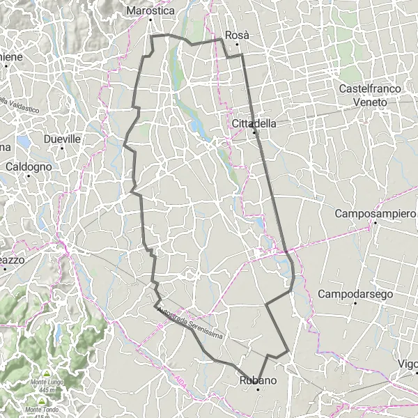 Miniatura mapy "Trasa wzdłuż rzeki na południe" - trasy rowerowej w Veneto, Italy. Wygenerowane przez planer tras rowerowych Tarmacs.app