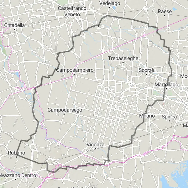 Zemljevid v pomanjšavi "Kolesarska pot od Rubana do Padove" kolesarske inspiracije v Veneto, Italy. Generirano z načrtovalcem kolesarskih poti Tarmacs.app