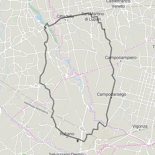 Zemljevid v pomanjšavi "Krožna kolesarska pot preko Rubana" kolesarske inspiracije v Veneto, Italy. Generirano z načrtovalcem kolesarskih poti Tarmacs.app