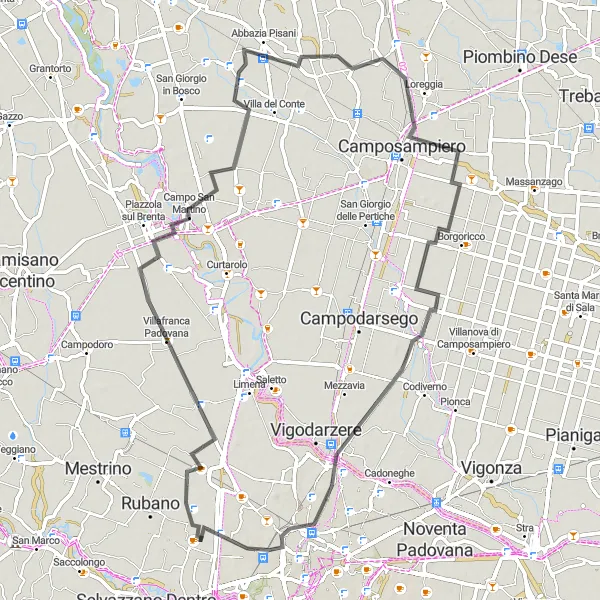 Zemljevid v pomanjšavi "Slikovita kolesarska tura vzdolž Brente" kolesarske inspiracije v Veneto, Italy. Generirano z načrtovalcem kolesarskih poti Tarmacs.app