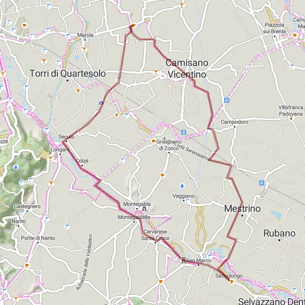Miniaturní mapa "Cycling Adventure from Saccolongo to Camisano Vicentino" inspirace pro cyklisty v oblasti Veneto, Italy. Vytvořeno pomocí plánovače tras Tarmacs.app