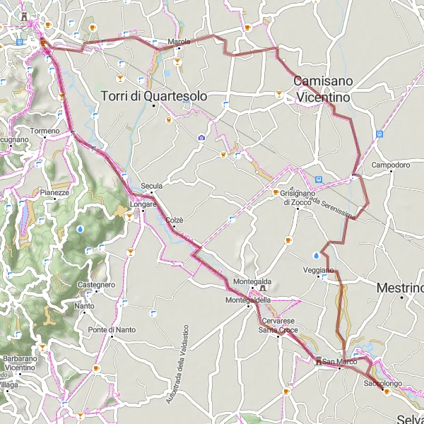 Mapa miniatúra "Explore Vicenza and Beyond by Gravel Bike" cyklistická inšpirácia v Veneto, Italy. Vygenerované cyklistickým plánovačom trás Tarmacs.app