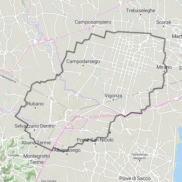 Karttaminiaatyyri "Historic Towns Road Cycling Route" pyöräilyinspiraatiosta alueella Veneto, Italy. Luotu Tarmacs.app pyöräilyreittisuunnittelijalla