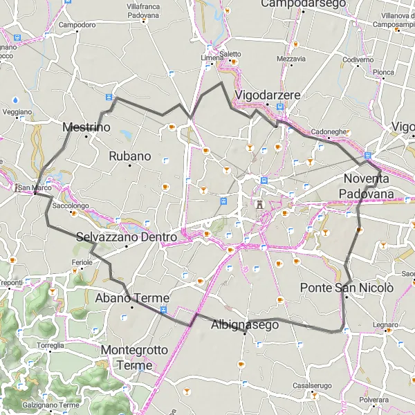 Zemljevid v pomanjšavi "Road Cycling Route from Cascina to Saccolongo" kolesarske inspiracije v Veneto, Italy. Generirano z načrtovalcem kolesarskih poti Tarmacs.app