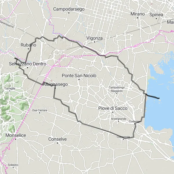 Map miniature of "The Riverside Road Ride" cycling inspiration in Veneto, Italy. Generated by Tarmacs.app cycling route planner