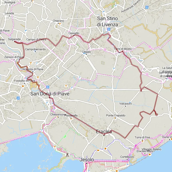 Miniatura della mappa di ispirazione al ciclismo "Percorso in bicicletta gravel da Salgareda a San Donà di Piave" nella regione di Veneto, Italy. Generata da Tarmacs.app, pianificatore di rotte ciclistiche