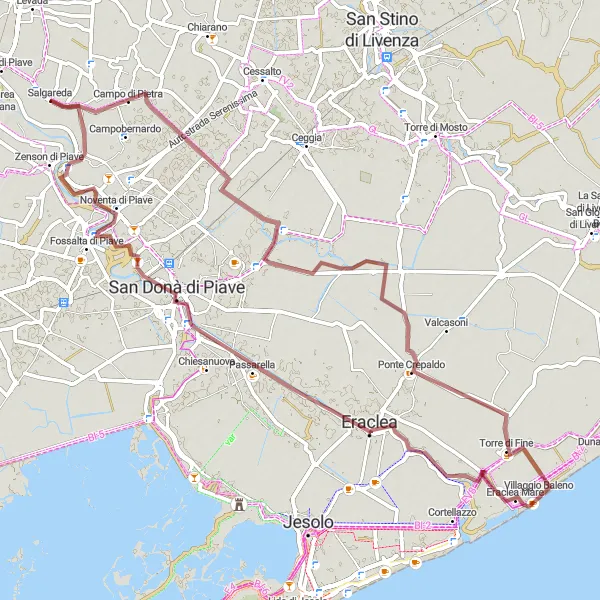 Map miniature of "Gravel Adventure: Salgareda to Eraclea Mare loop" cycling inspiration in Veneto, Italy. Generated by Tarmacs.app cycling route planner