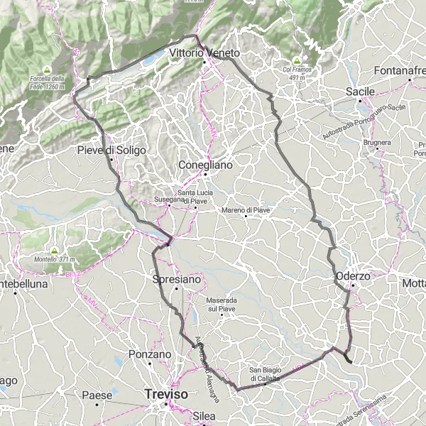 Map miniature of "Scenic Road Cycling: Salgareda to Vittorio Veneto" cycling inspiration in Veneto, Italy. Generated by Tarmacs.app cycling route planner