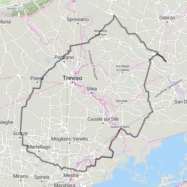 Miniatua del mapa de inspiración ciclista "Ruta de 115 km en carretera cerca de Salgareda" en Veneto, Italy. Generado por Tarmacs.app planificador de rutas ciclistas