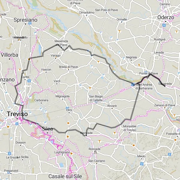 Miniatura della mappa di ispirazione al ciclismo "Giro in bicicletta da Salgareda a Ponte di Piave" nella regione di Veneto, Italy. Generata da Tarmacs.app, pianificatore di rotte ciclistiche