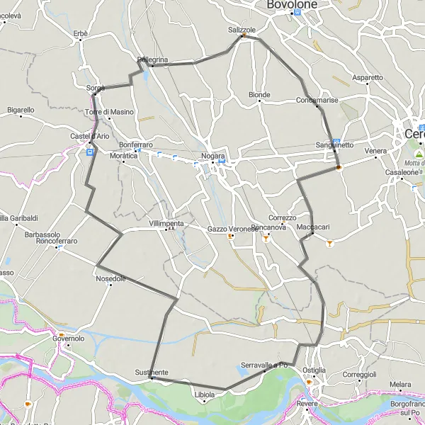 Miniatura della mappa di ispirazione al ciclismo "Salizzole - Sanguinetto Cycling Route" nella regione di Veneto, Italy. Generata da Tarmacs.app, pianificatore di rotte ciclistiche