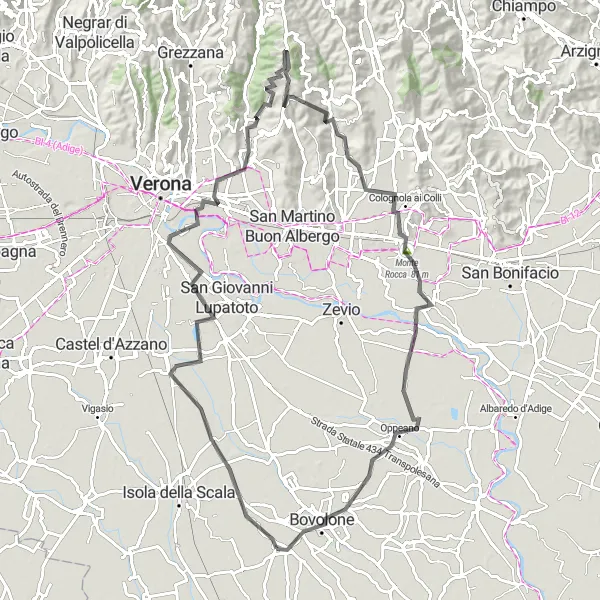 Miniaturní mapa "Cyklo stezka Buttapietra - Mizzole - Mezzane di Sotto - Colognola ai Colli - Monte Rocca - Bovolone" inspirace pro cyklisty v oblasti Veneto, Italy. Vytvořeno pomocí plánovače tras Tarmacs.app