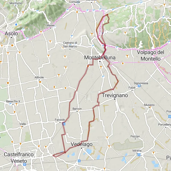 Miniatura mapy "Trasa gravelowa przez Villa Emo i Villa Vescovile" - trasy rowerowej w Veneto, Italy. Wygenerowane przez planer tras rowerowych Tarmacs.app