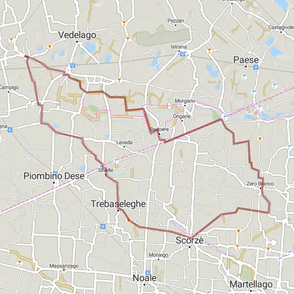 Miniatua del mapa de inspiración ciclista "Ruta Badoere - Trebaseleghe" en Veneto, Italy. Generado por Tarmacs.app planificador de rutas ciclistas