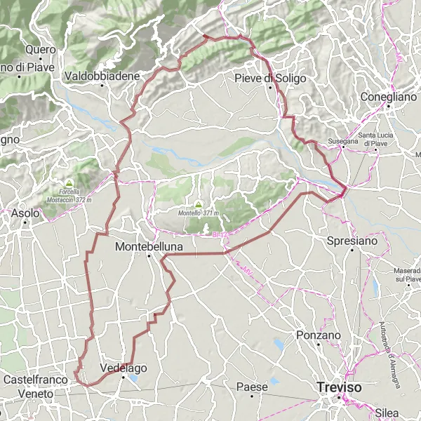 Miniature de la carte de l'inspiration cycliste "Le Circuit du Montello" dans la Veneto, Italy. Générée par le planificateur d'itinéraire cycliste Tarmacs.app