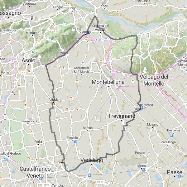 Zemljevid v pomanjšavi "Pot od Salvatronda do Altivole" kolesarske inspiracije v Veneto, Italy. Generirano z načrtovalcem kolesarskih poti Tarmacs.app