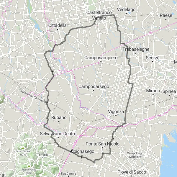 Miniatura della mappa di ispirazione al ciclismo "Tour delle Ville Venete" nella regione di Veneto, Italy. Generata da Tarmacs.app, pianificatore di rotte ciclistiche