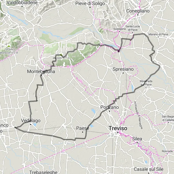 Zemljevid v pomanjšavi "Kolesarska pot okoli Vedelaga in Montella" kolesarske inspiracije v Veneto, Italy. Generirano z načrtovalcem kolesarskih poti Tarmacs.app