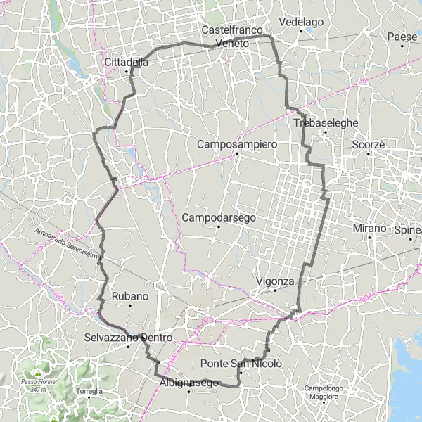 Mapa miniatúra "Zelený okruh od Salvatronda do Galliera Veneta" cyklistická inšpirácia v Veneto, Italy. Vygenerované cyklistickým plánovačom trás Tarmacs.app