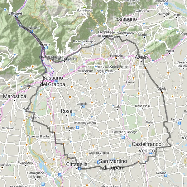 Kartminiatyr av "Upplev Montainspirerad cykling vid Monte Castellaro" cykelinspiration i Veneto, Italy. Genererad av Tarmacs.app cykelruttplanerare
