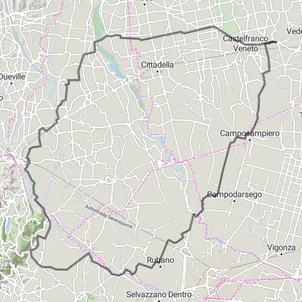 Miniaturní mapa "Cyklistická cesta směrem k Castelfranco Veneto" inspirace pro cyklisty v oblasti Veneto, Italy. Vytvořeno pomocí plánovače tras Tarmacs.app