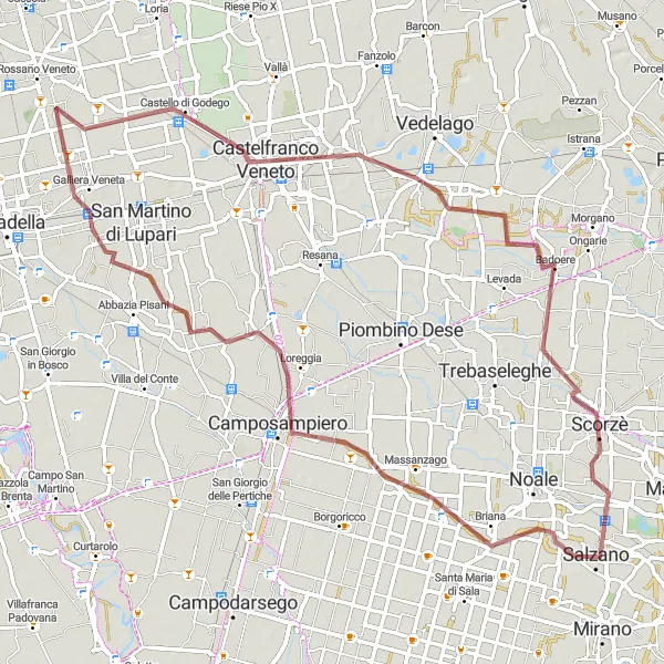 Kartminiatyr av "Grusvei rute via Salzano, Loreggia, Galliera Veneta, Castello di Godego, Badoere og Scorzè" sykkelinspirasjon i Veneto, Italy. Generert av Tarmacs.app sykkelrutoplanlegger