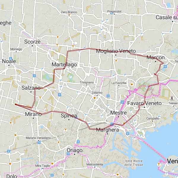 Miniatuurkaart van de fietsinspiratie "Gravelroute rond Salzano" in Veneto, Italy. Gemaakt door de Tarmacs.app fietsrouteplanner