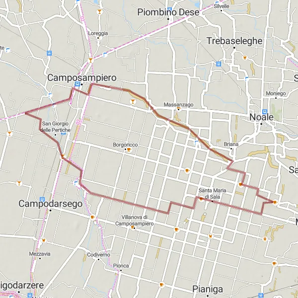 Kartminiatyr av "Grusvei rute via Campocroce, San Giorgio delle Pertiche, Camposampiero og Massanzago" sykkelinspirasjon i Veneto, Italy. Generert av Tarmacs.app sykkelrutoplanlegger